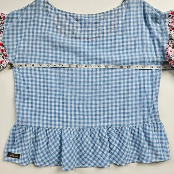 Matilda Jane  Rural Route Gingham Blue White Top Size S Floral - Picture 6 of 8